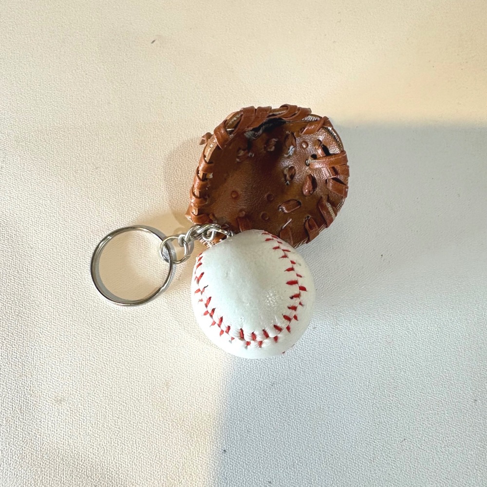 Vintage Style Baseball Glove and Ball Keychain Brown White Sports Fan Accessory